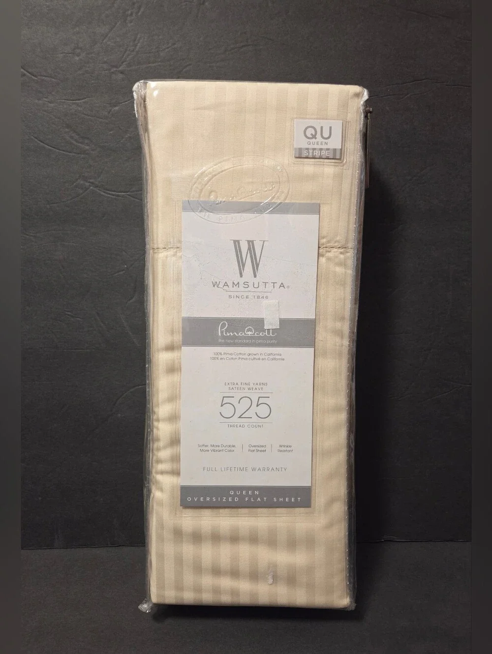​NOS Wamsutta PimaCott Queen Oversized Flat Sheet 525 TC Ivory Stripe Cotton